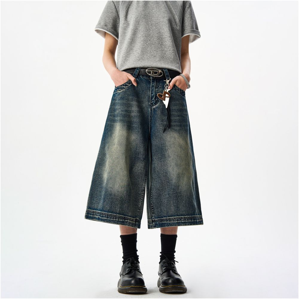 Woostop American Retro Washed Distressed Denim Capri Shorts for Men Clenafit Wide Leg Loose Fit Summer Shorts image 2