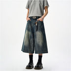 Woostop American Retro Washed Distressed Denim Capri Shorts for Men Clenafit Wide Leg Loose Fit Summer Shorts image 3