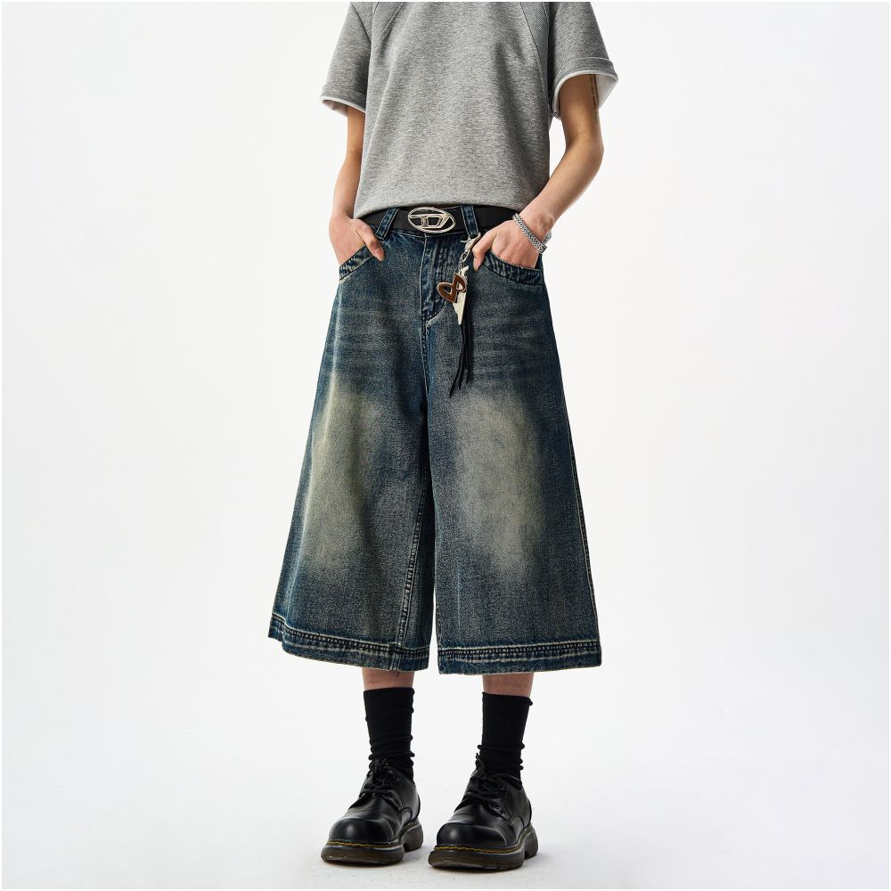 Woostop American Retro Washed Distressed Denim Capri Shorts for Men Clenafit Wide Leg Loose Fit Summer Shorts image 3