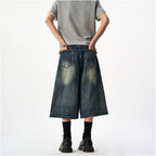 Woostop American Retro Washed Distressed Denim Capri Shorts for Men Clenafit Wide Leg Loose Fit Summer Shorts image 4