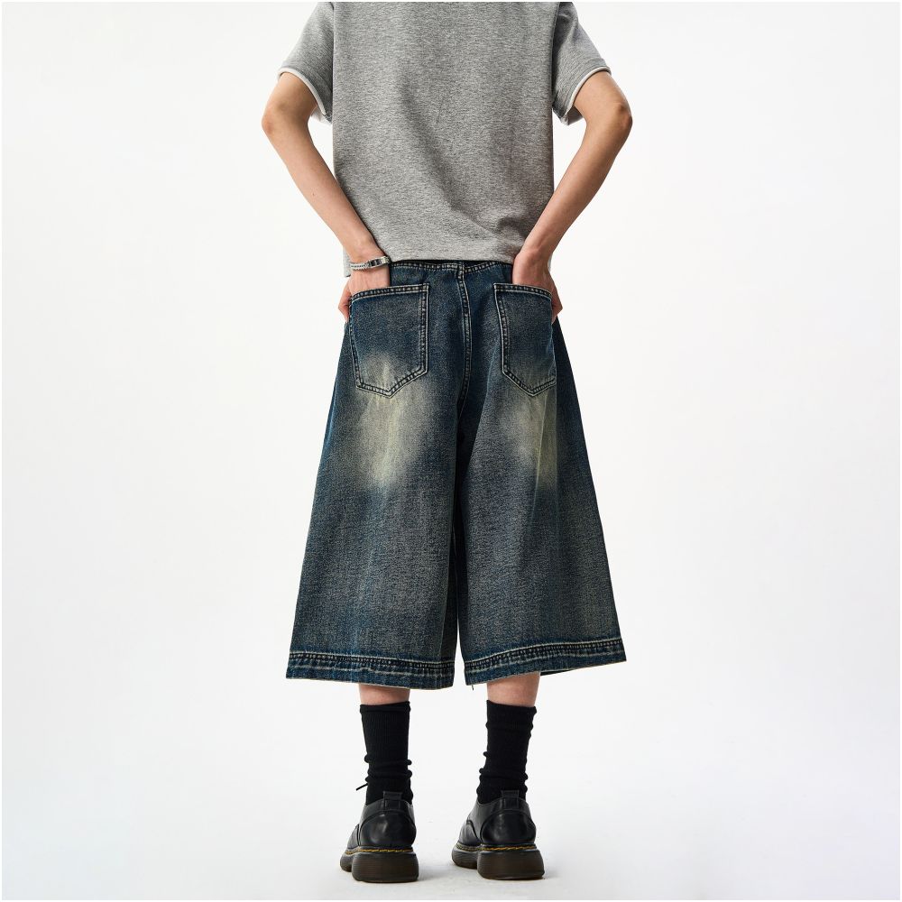 Woostop American Retro Washed Distressed Denim Capri Shorts for Men Clenafit Wide Leg Loose Fit Summer Shorts image 4
