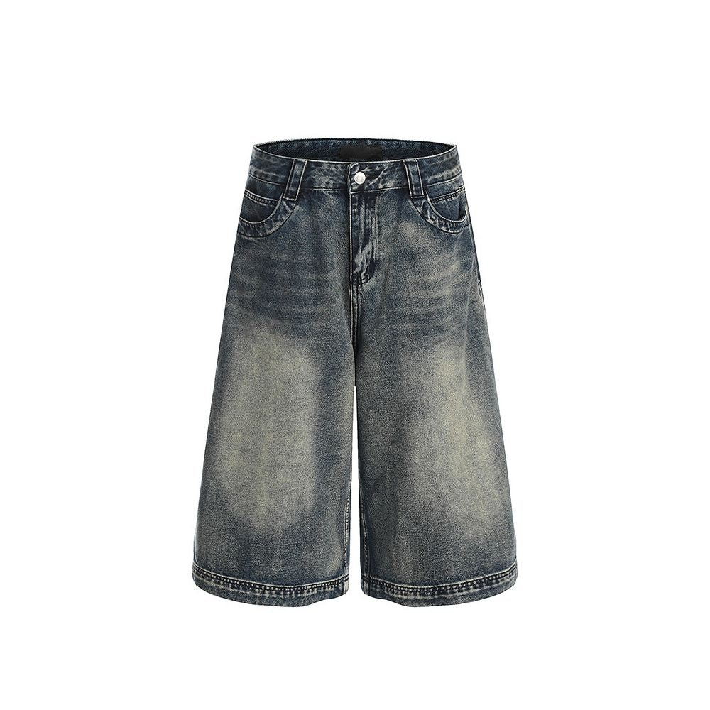 Woostop American Retro Washed Distressed Denim Capri Shorts for Men Clenafit Wide Leg Loose Fit Summer Shorts image 5