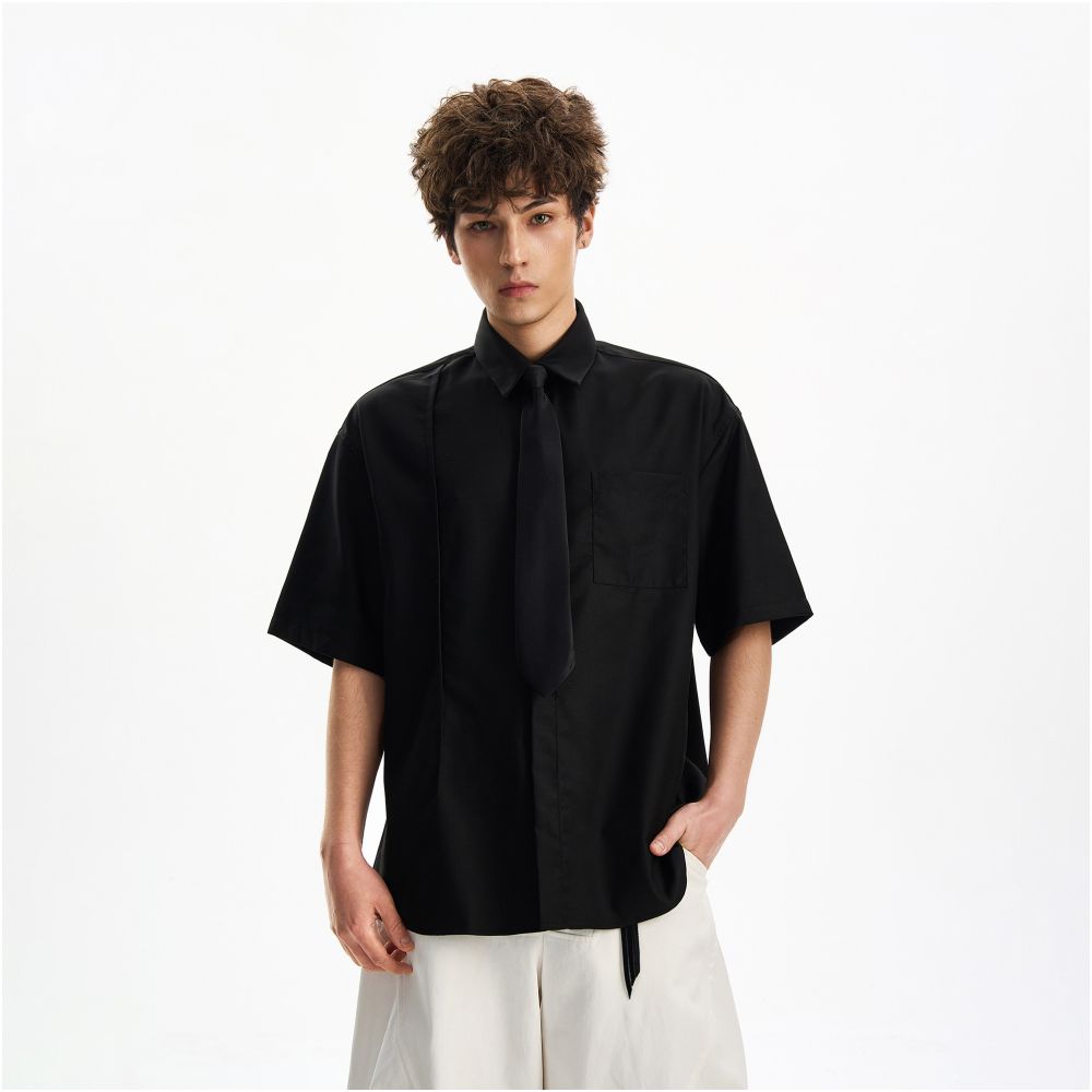 Woostop American high end white short sleeved shirt for men and women summer drape lazy and cool tie shirt