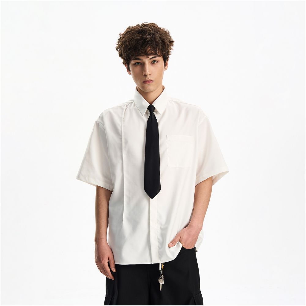 Woostop American high end white short sleeved shirt for men and women summer drape lazy and cool tie shirt