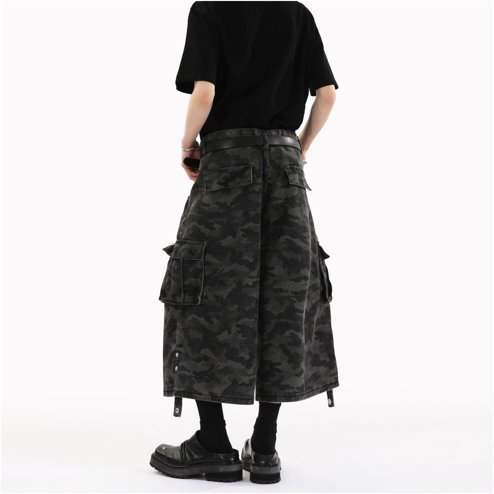 REDANTS American deconstructive workwear camouflage shorts men s and women s loose retro pants washed wide leg cropped pants trendy image 5