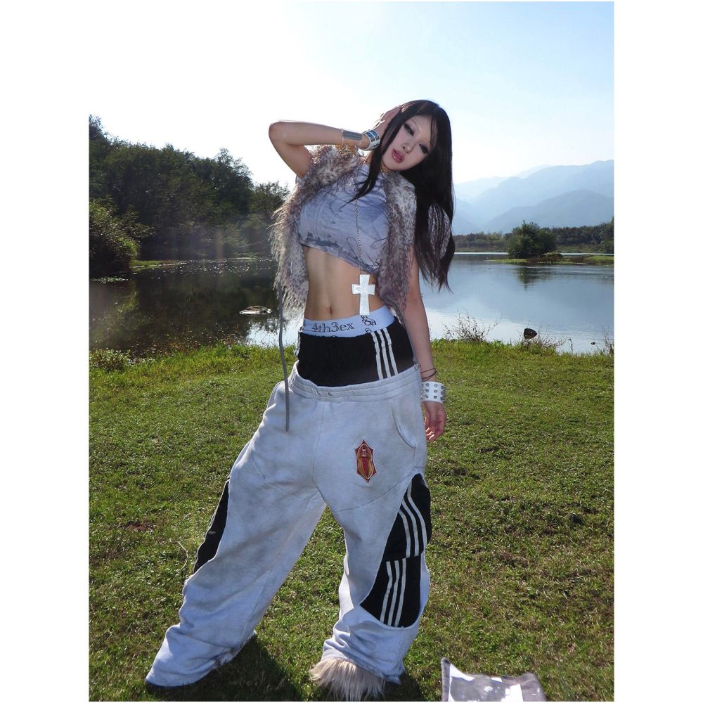 American street style heavyweight sports double waisted sweatpants for women s spring spliced fake two piece pants with a wide leg design image 2