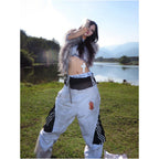 American street style heavyweight sports double waisted sweatpants for women s spring spliced fake two piece pants with a wide leg design image 3