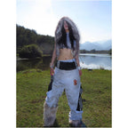 American street style heavyweight sports double waisted sweatpants for women s spring spliced fake two piece pants with a wide leg design image 4