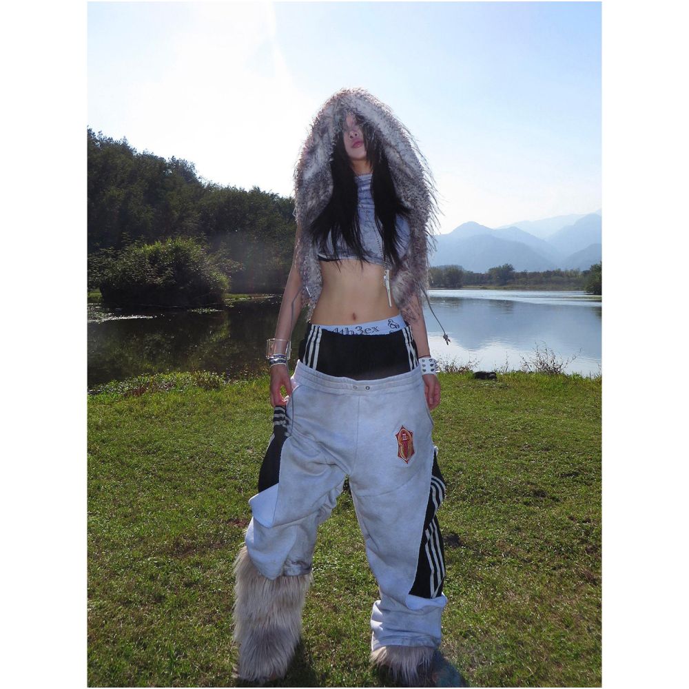 American street style heavyweight sports double waisted sweatpants for women s spring spliced fake two piece pants with a wide leg design image 4