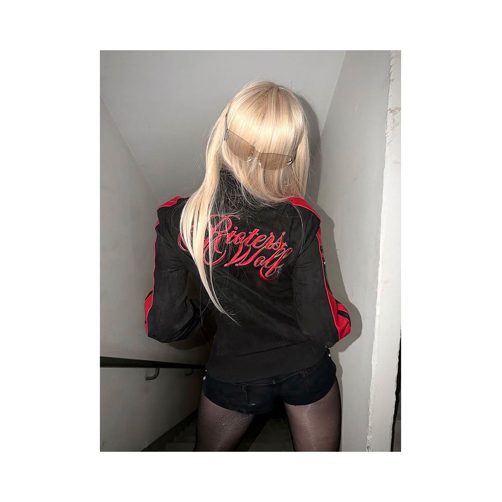 Street style subculture short jacket women s autumn and winter red patchwork stand up collar jacket y2k slim fit and slimming top ins image 2