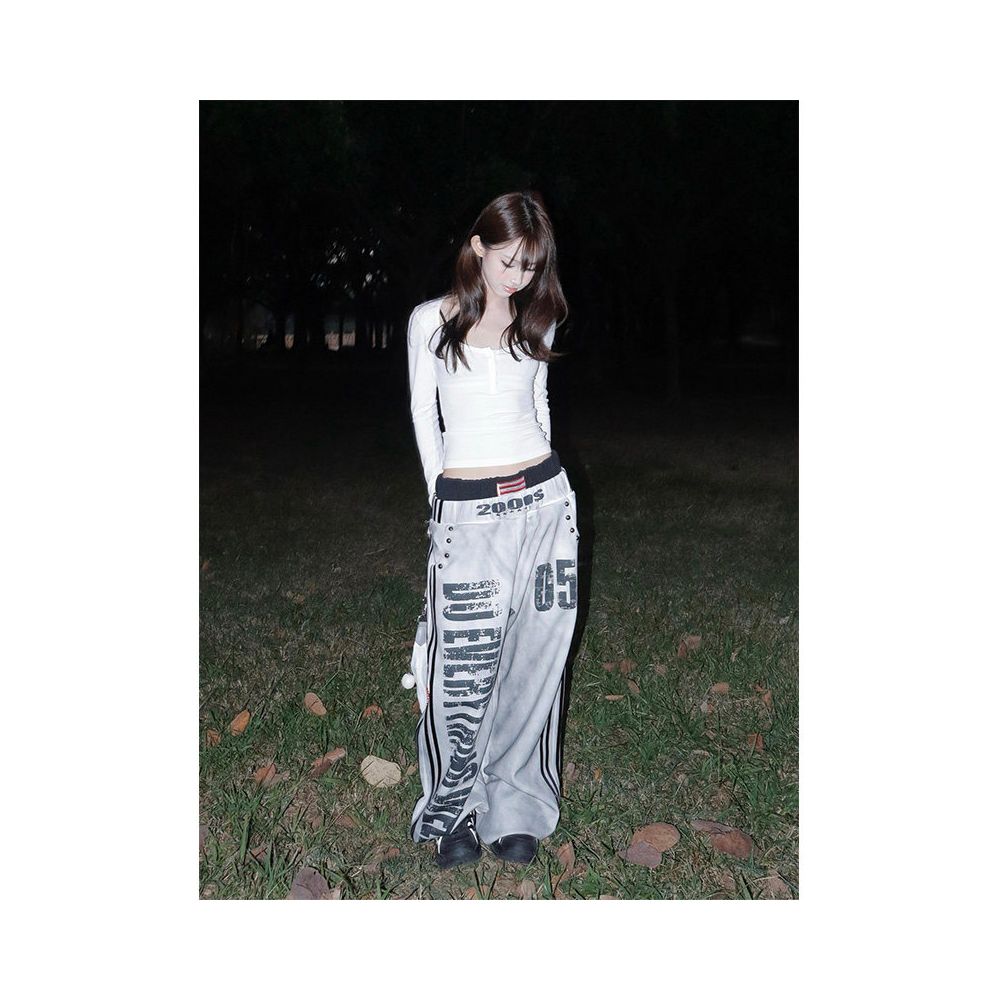 American retro sports sweatpants for women in winter new letter printed washed distressed street style wide leg pants floor pants image 2