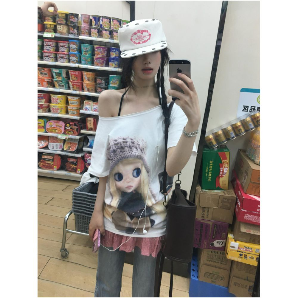 American collegiate style one shoulder short sleeve women s summer new arrival slim fit figure flattering t shirt with cute doll print a versatile top image 0