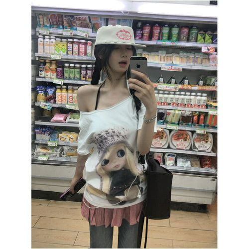 American collegiate style one shoulder short sleeve women s summer new arrival slim fit figure flattering t shirt with cute doll print a versatile top image 1