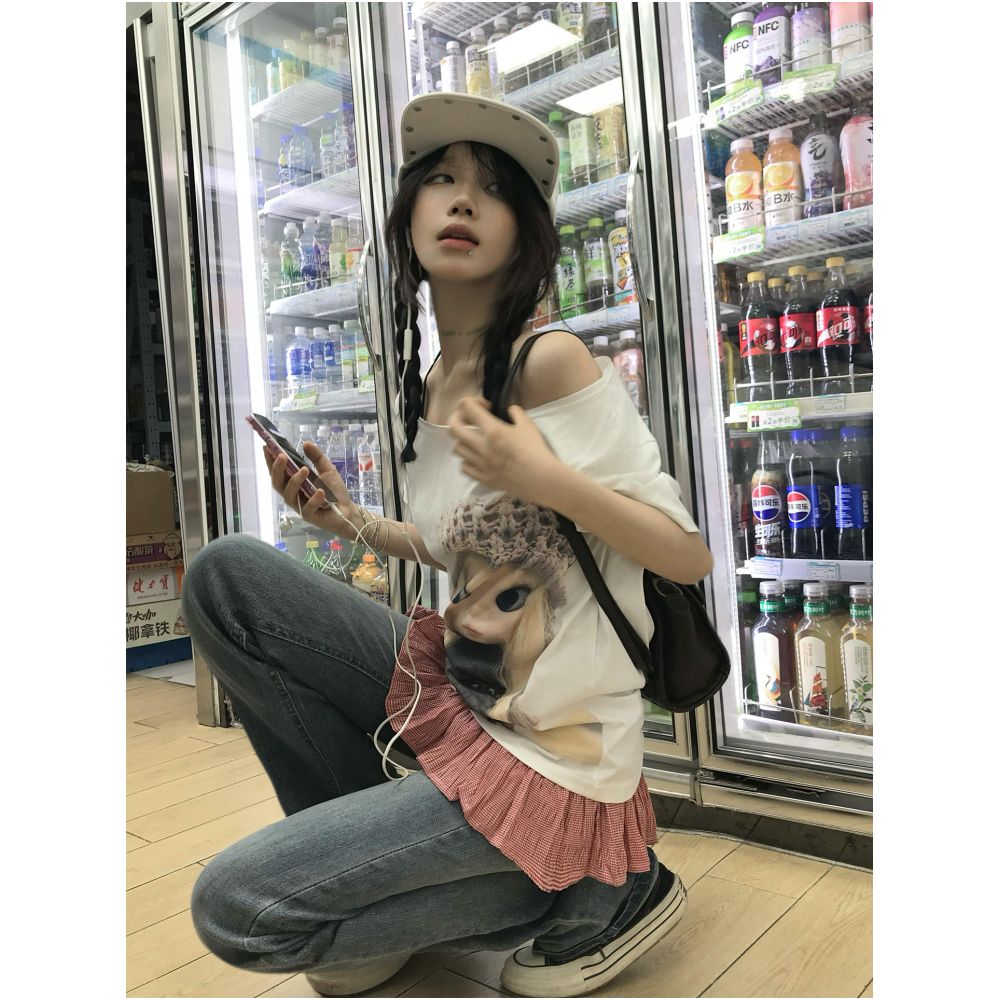 American collegiate style one shoulder short sleeve women s summer new arrival slim fit figure flattering t shirt with cute doll print a versatile top image 4