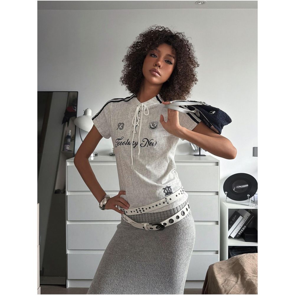 American college style short sleeved women s summer new style letter printed side stripe sports style tied top trendy image 0