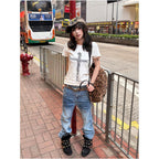 Y2k subculture round neck shoulder short sleeved T shirt for women s summer new cross print tight waist cinching hot girl top image 1