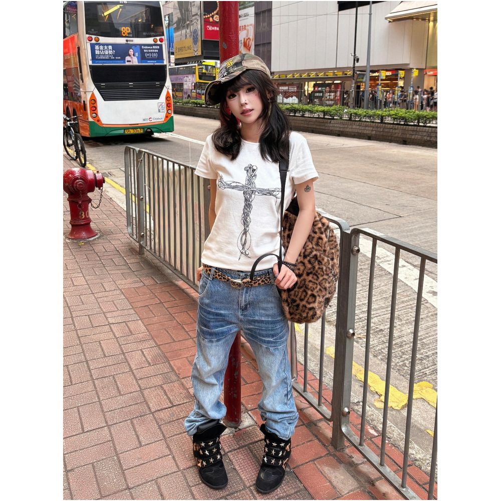 Y2k subculture round neck shoulder short sleeved T shirt for women s summer new cross print tight waist cinching hot girl top image 1