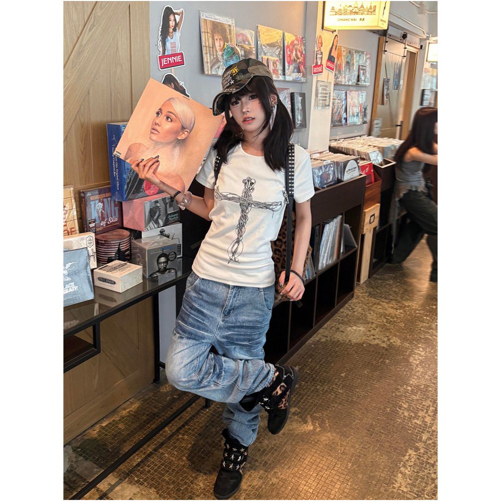 Y2k subculture round neck shoulder short sleeved T shirt for women s summer new cross print tight waist cinching hot girl top