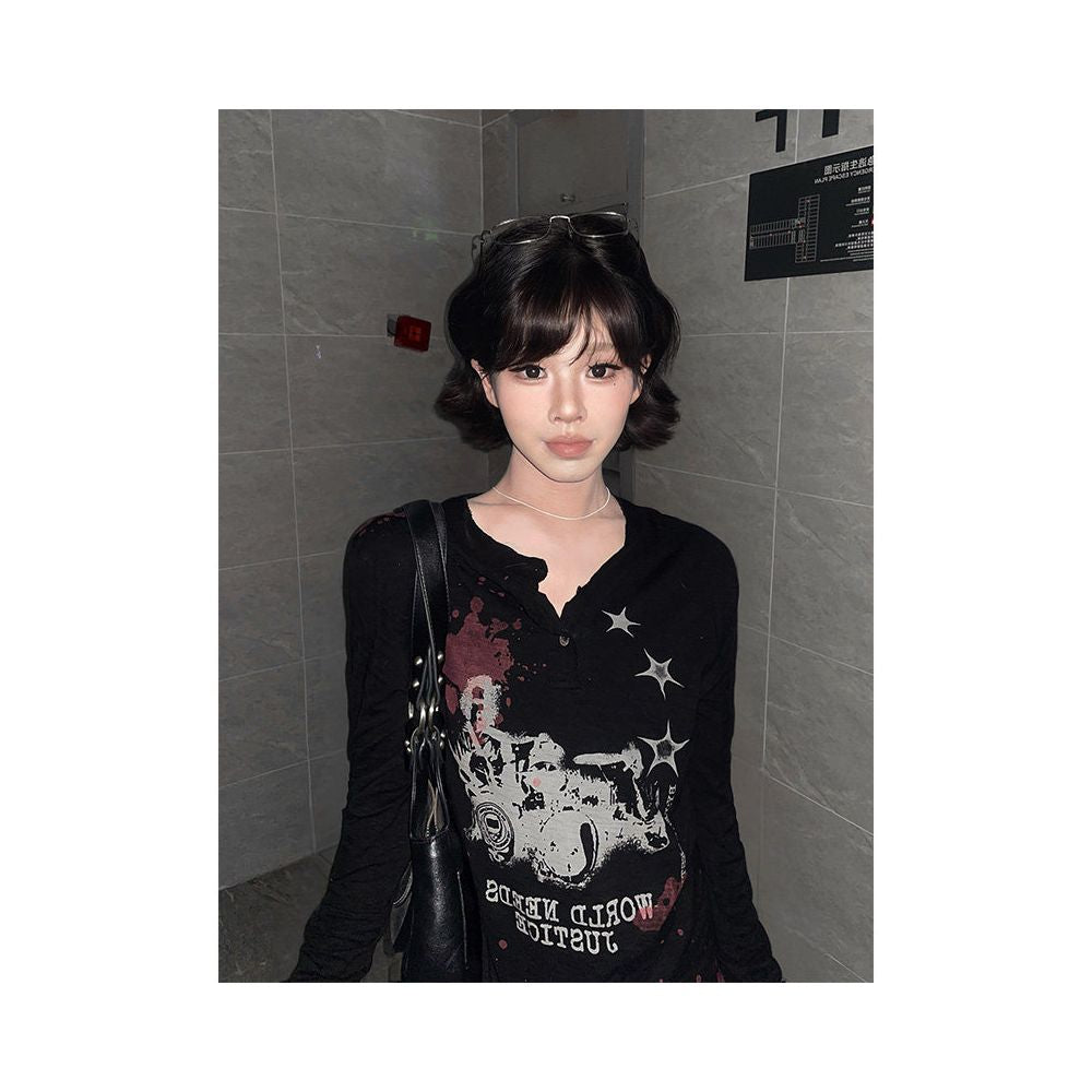 Y2k street style curved knife long sleeved T shirt for women autumn new style destructive punk subculture base shirt dark top image 2