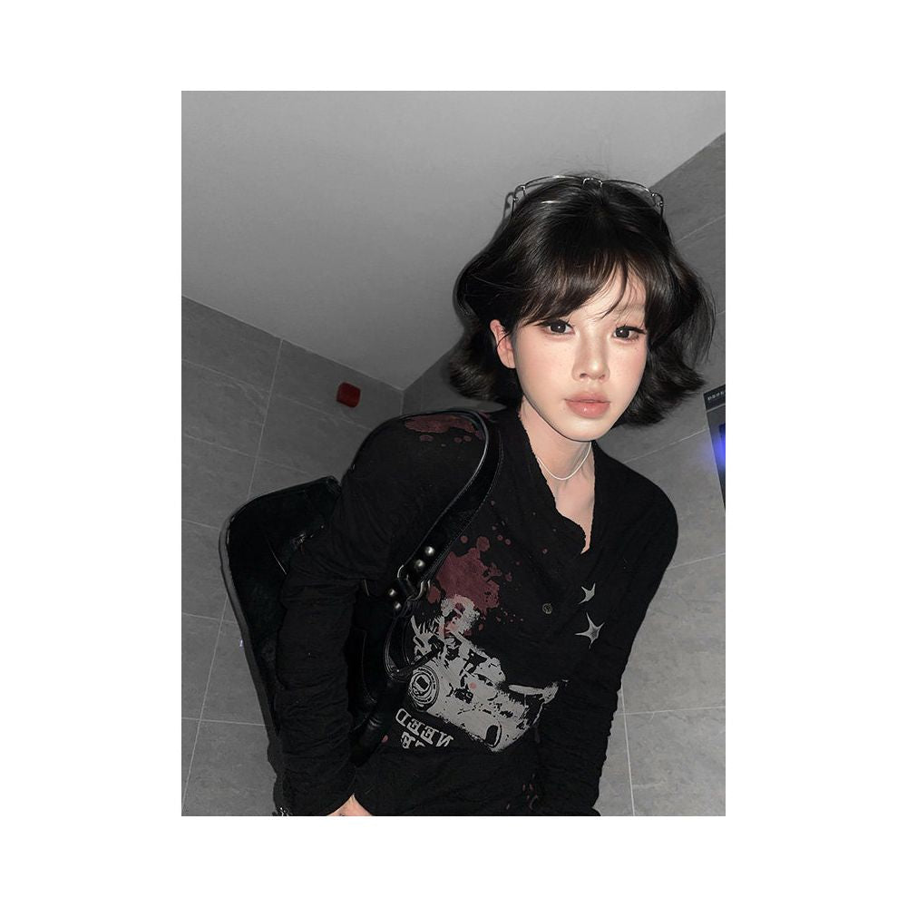 Y2k street style curved knife long sleeved T shirt for women autumn new style destructive punk subculture base shirt dark top image 3