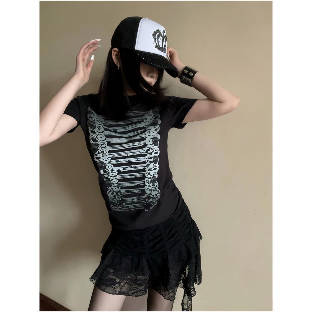 Y2k subculture shoulder short T shirt women s summer new style palace style print slim fit and slimming spicy girl short sleeved top