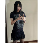 Y2k subculture shoulder short T shirt women s summer new style palace style print slim fit and slimming spicy girl short sleeved top image 2