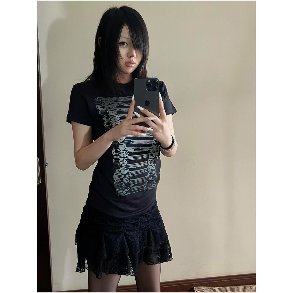 Y2k subculture shoulder short T shirt women s summer new style palace style print slim fit and slimming spicy girl short sleeved top image 2