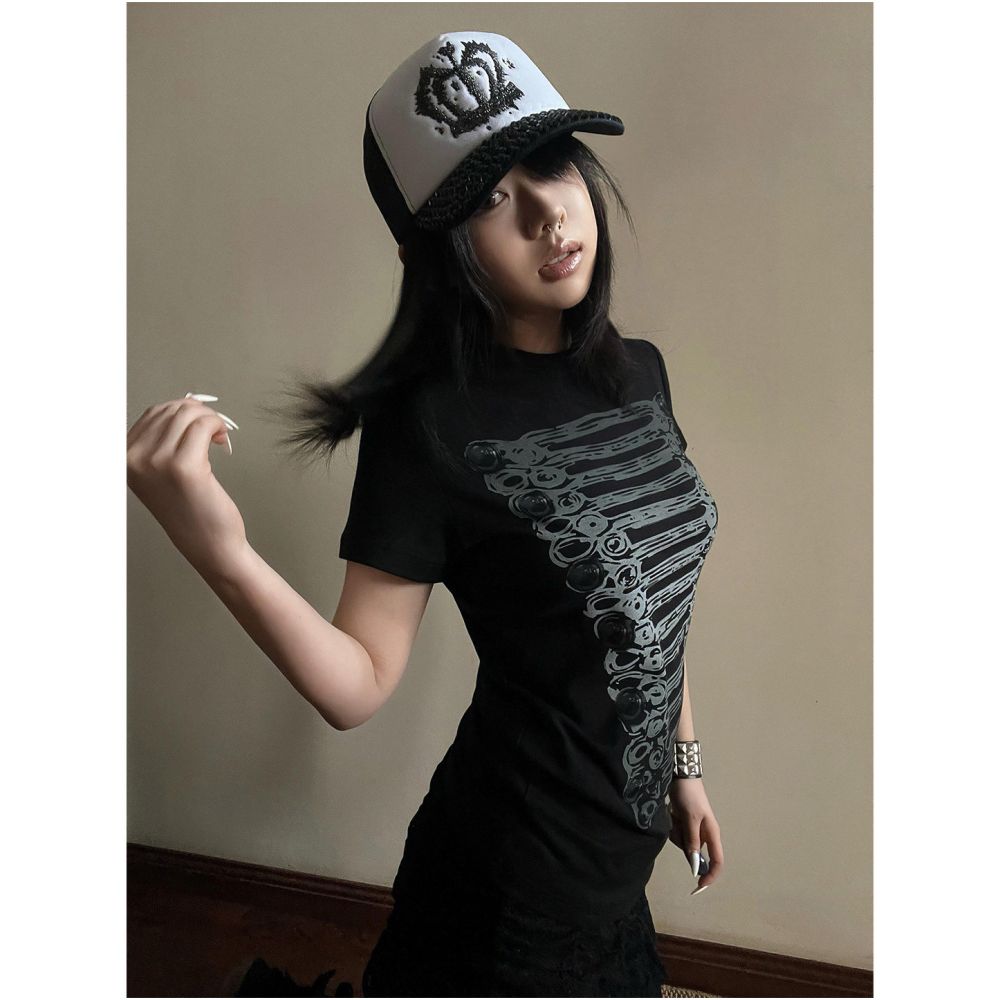 Y2k subculture shoulder short T shirt women s summer new style palace style print slim fit and slimming spicy girl short sleeved top image 4