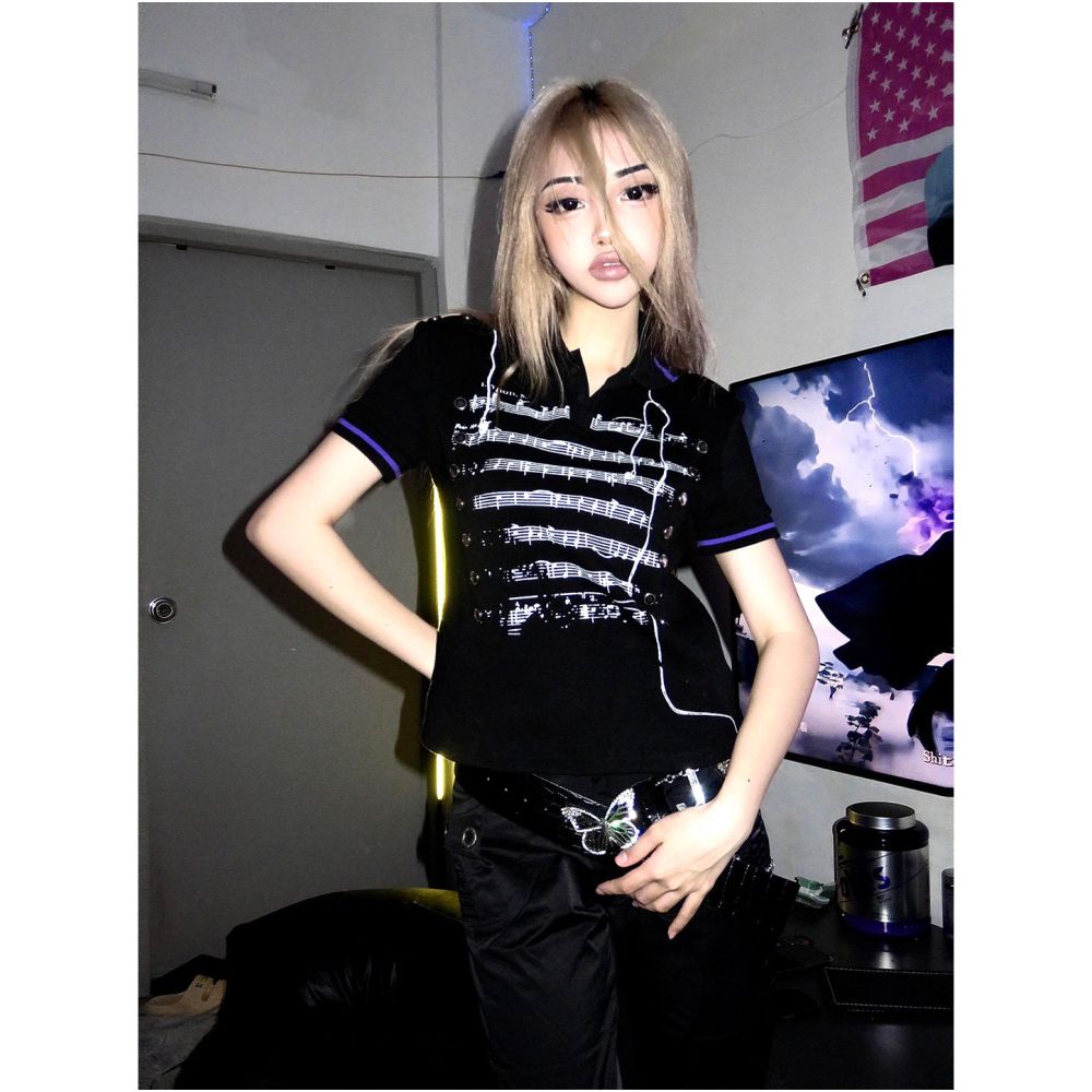 Y2k light Asian style lapel shoulder short T shirt women s summer new tight letter printed short sleeved tight spicy girl top image 3
