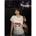 College style white shoulder short T shirt for women s summer new style house print casual heavyweight versatile short top image 1
