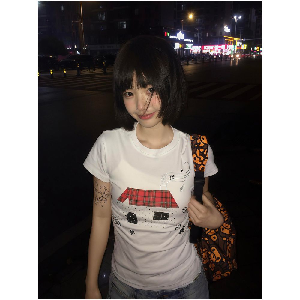 College style white shoulder short T shirt for women s summer new style house print casual heavyweight versatile short top image 1