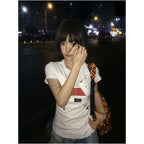 College style white shoulder short T shirt for women s summer new style house print casual heavyweight versatile short top image 2