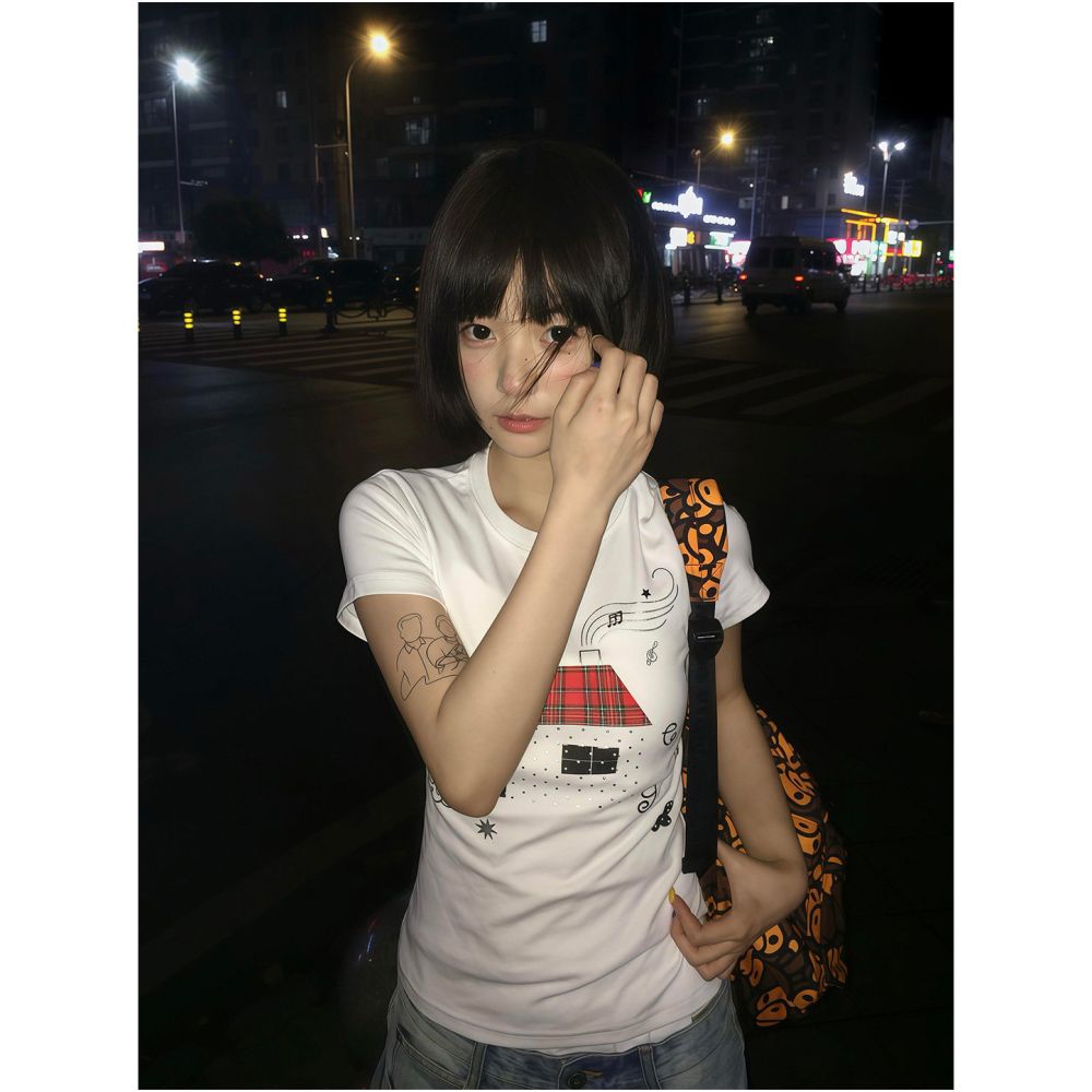 College style white shoulder short T shirt for women s summer new style house print casual heavyweight versatile short top image 2