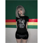 Y2k subculture shoulder short T shirt for women in summer new visual printed tight fitting waist cinching hot girl short sleeved top