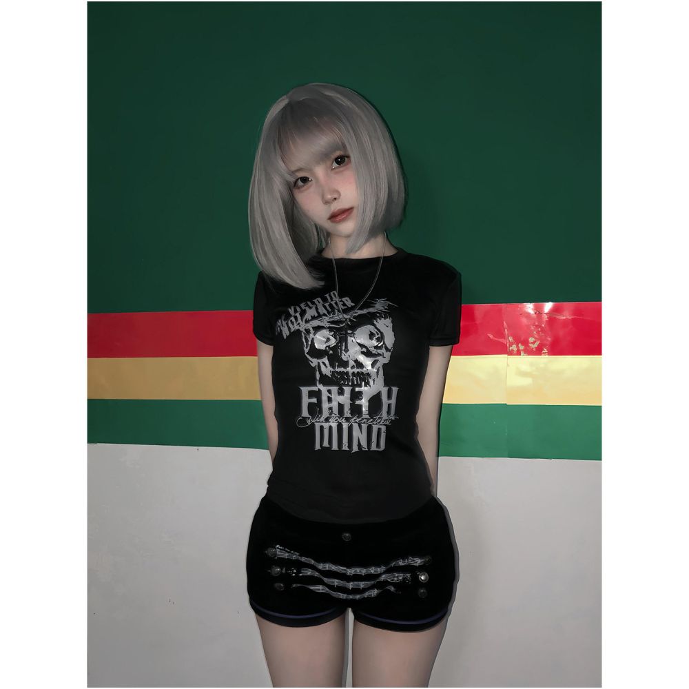 Y2k subculture shoulder short T shirt for women in summer new visual printed tight fitting waist cinching hot girl short sleeved top