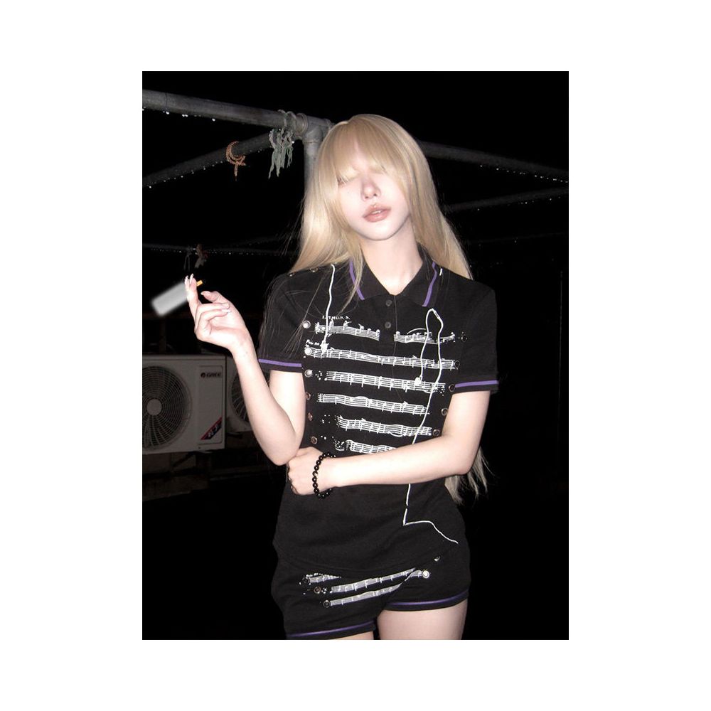Y2k subculture lapel short sleeved women s summer new style musical note print palace style visual short T shirt spicy girl top image 2