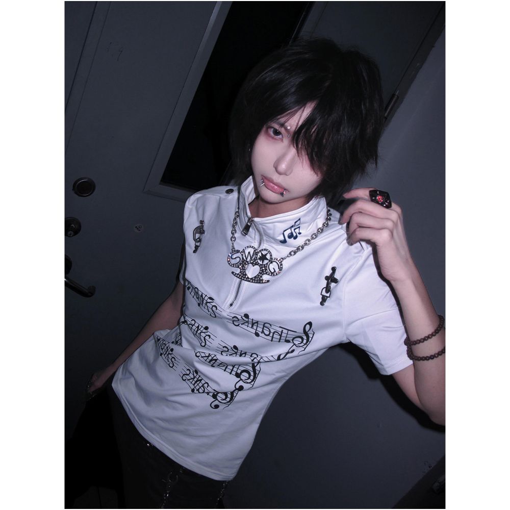 Y2k light Asian style stand up collar shoulder short sleeved women s summer new airplane button note print visual T shirt top trend