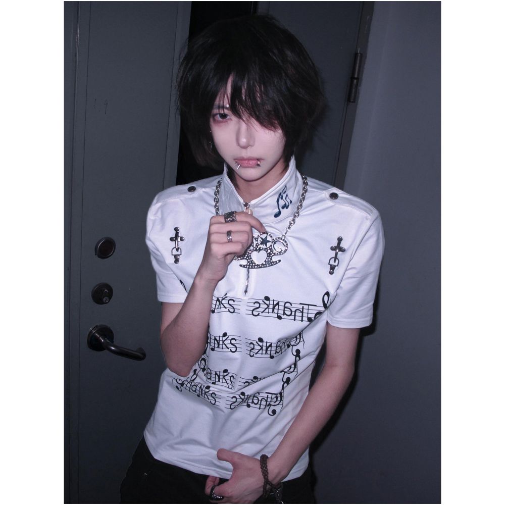 Y2k light Asian style stand up collar shoulder short sleeved women s summer new airplane button note print visual T shirt top trend image 3