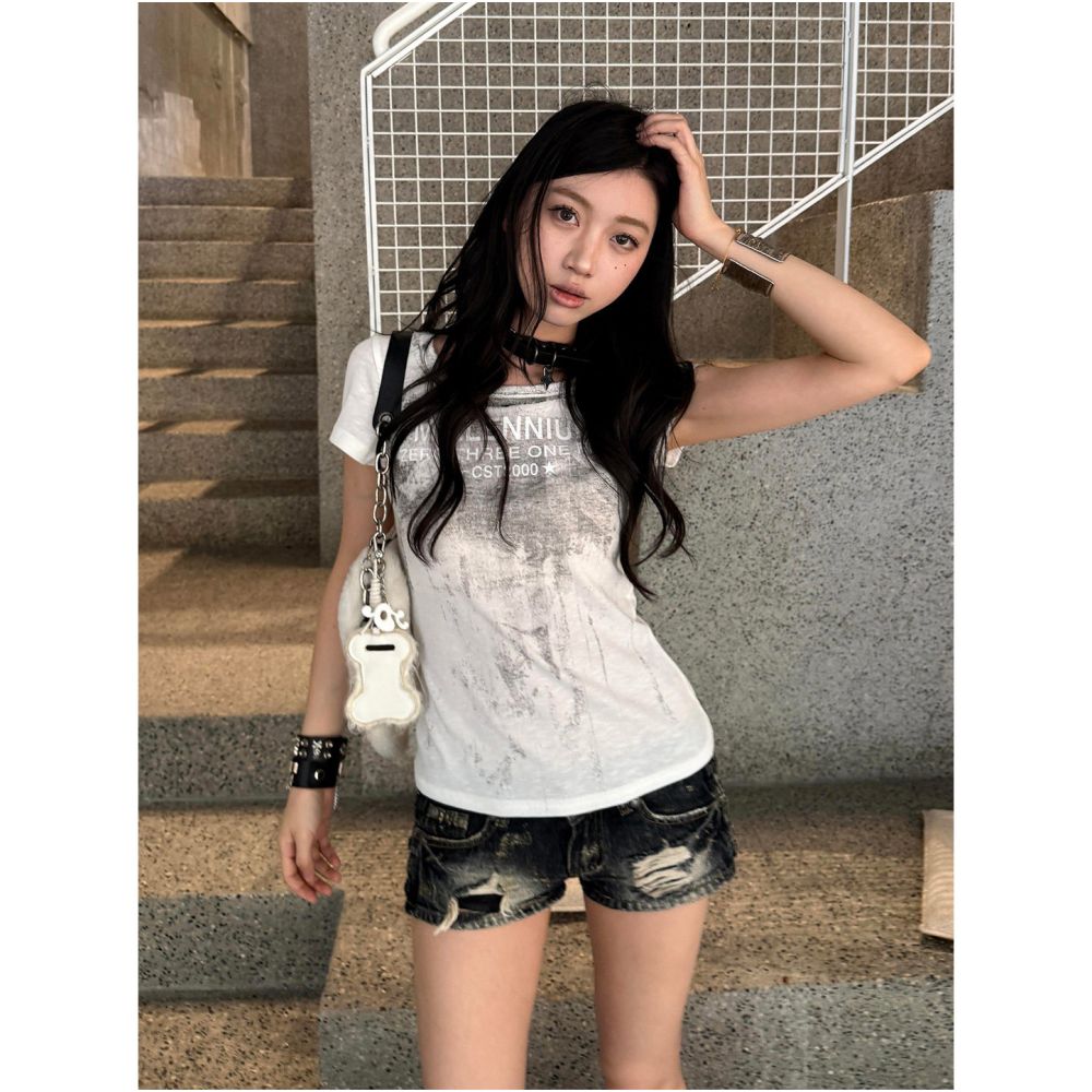 Y2k subculture shoulder short sleeved women s summer new style big collar spicy girl short T shirt slim fit slimming versatile top
