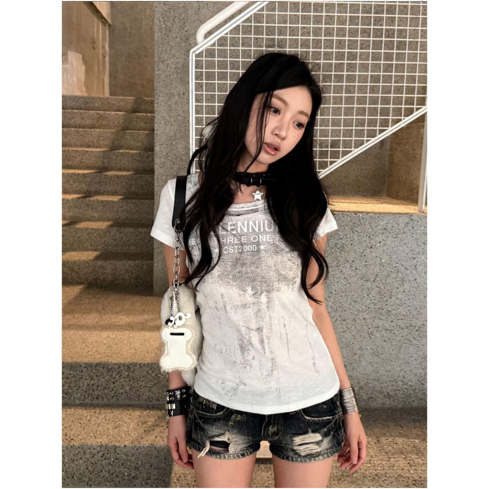 Y2k subculture shoulder short sleeved women s summer new style big collar spicy girl short T shirt slim fit slimming versatile top image 2