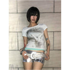 Y2k light Asian style shoulder short T shirt for women s summer new style portrait print visual versatile short sleeved Abi top image 2