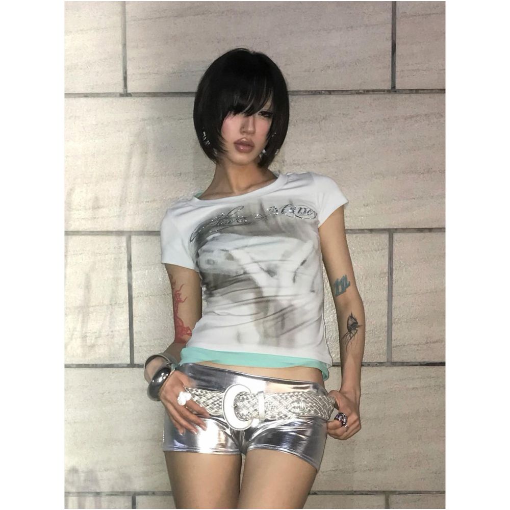 Y2k light Asian style shoulder short T shirt for women s summer new style portrait print visual versatile short sleeved Abi top image 2