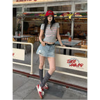 College style gray shoulder short sleeved women s summer new style letter print tight waist collection spicy girl short T shirt top image 3