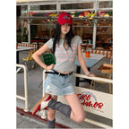 College style gray shoulder short sleeved women s summer new style letter print tight waist collection spicy girl short T shirt top