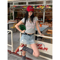 College style gray shoulder short sleeved women s summer new style letter print tight waist collection spicy girl short T shirt top
