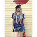 Y2k visual style short sleeved women s summer new item contrasting color splicing striped V neck short T shirt subculture versatile top image 1