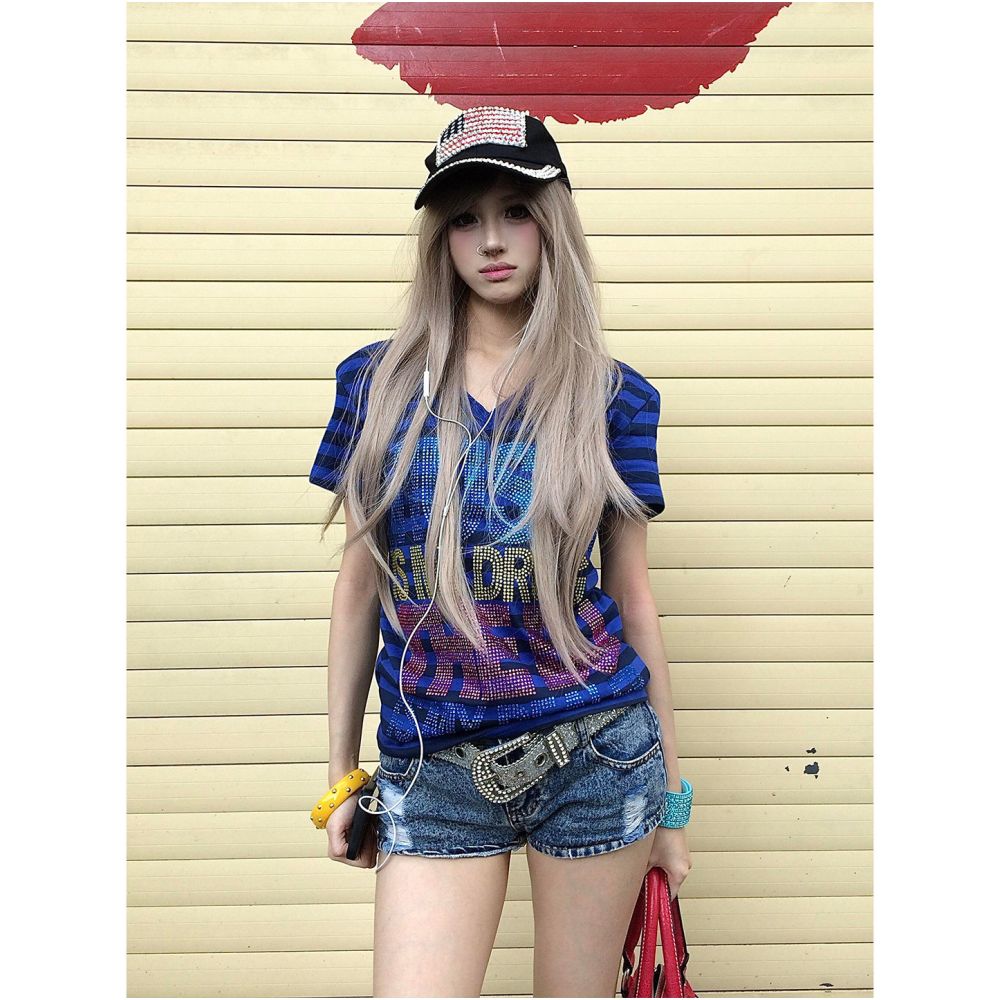 Y2k visual style short sleeved women s summer new item contrasting color splicing striped V neck short T shirt subculture versatile top