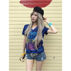 Y2k visual style short sleeved women s summer new item contrasting color splicing striped V neck short T shirt subculture versatile top image 2