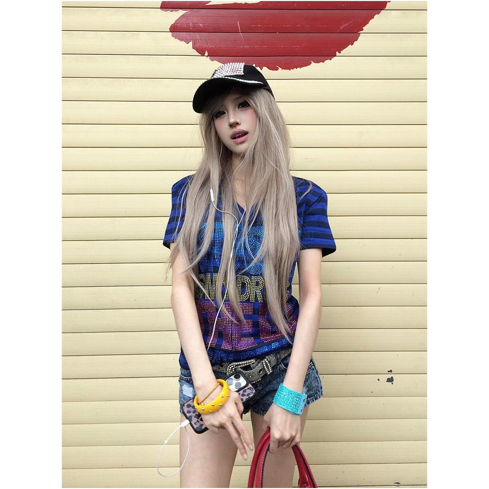 Y2k visual style short sleeved women s summer new item contrasting color splicing striped V neck short T shirt subculture versatile top image 3