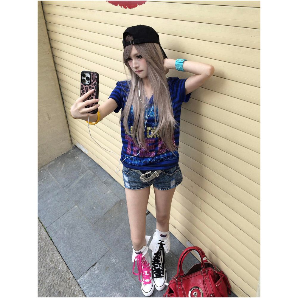 Y2k visual style short sleeved women s summer new item contrasting color splicing striped V neck short T shirt subculture versatile top image 4